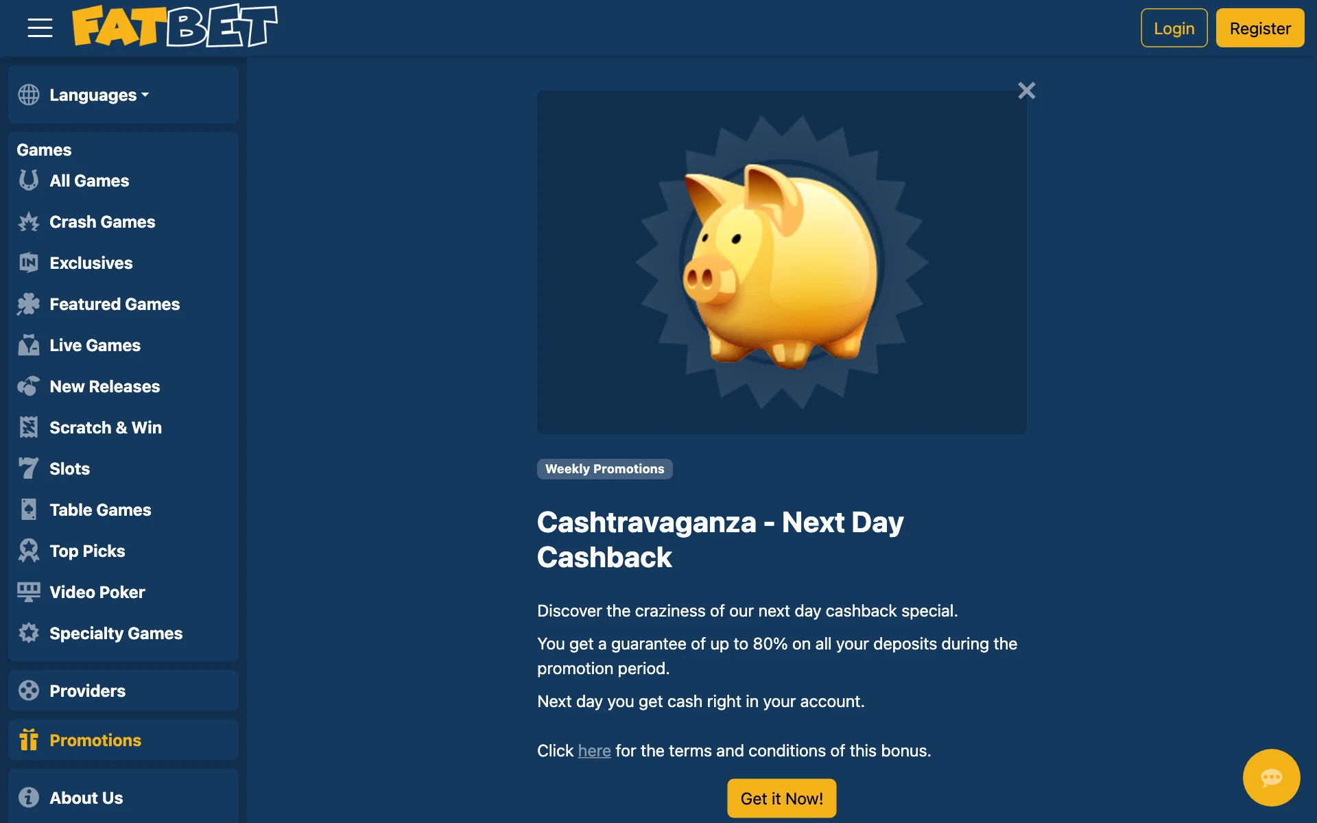FatBet Cashtravaganza next day cashback card